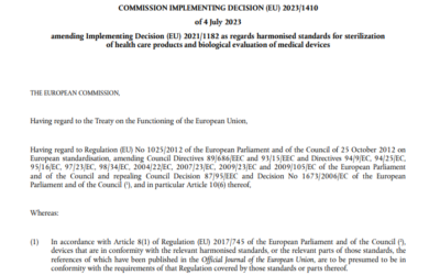 COMMISSION IMPLEMENTING DECISION (EU) 2023/1410 amending Implementing Decision (EU) 2021/1182 as regards harmonised standards for sterilization of health care products and biological evaluation of medical devices